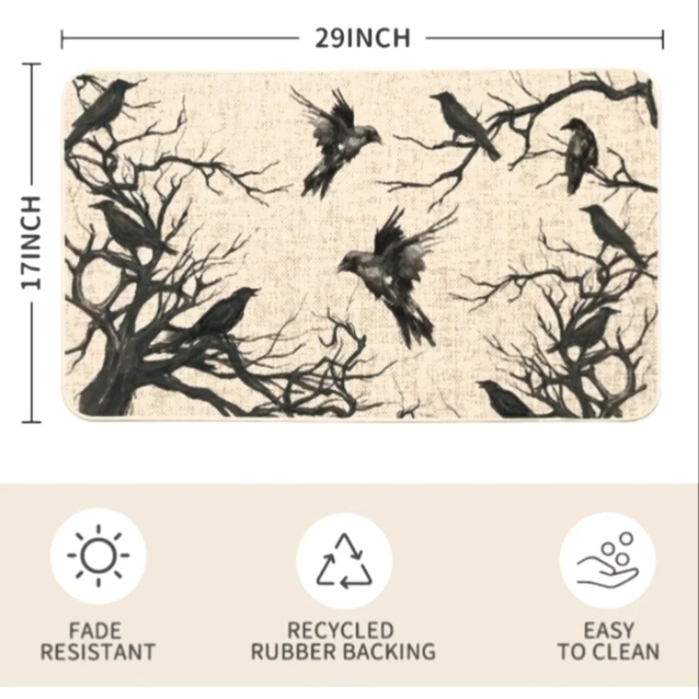 Black Ravens Nonslip Kitchen Rug Cream Ivory Doormat Goth Door Mat Crows Birds